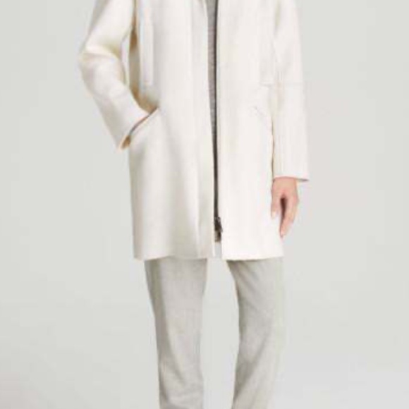 Vince White Wool Coat with Rabbit Fur Hood - Picture 3 of 13